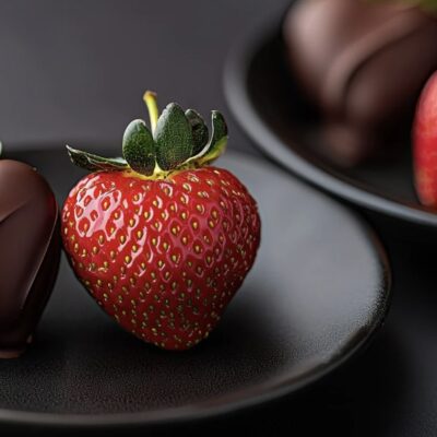 Boîte de quatre fraises enrobées de chocolat