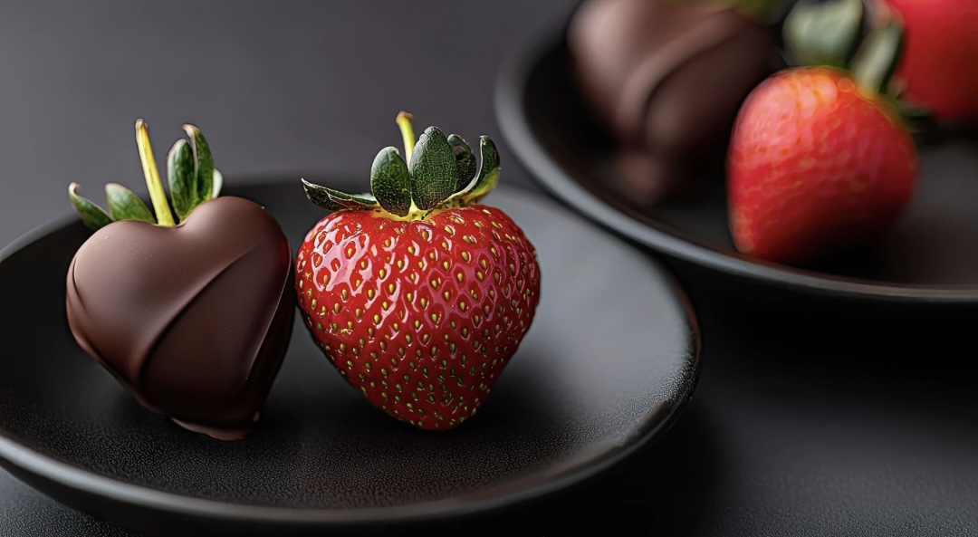 Boîte de quatre fraises enrobées de chocolat